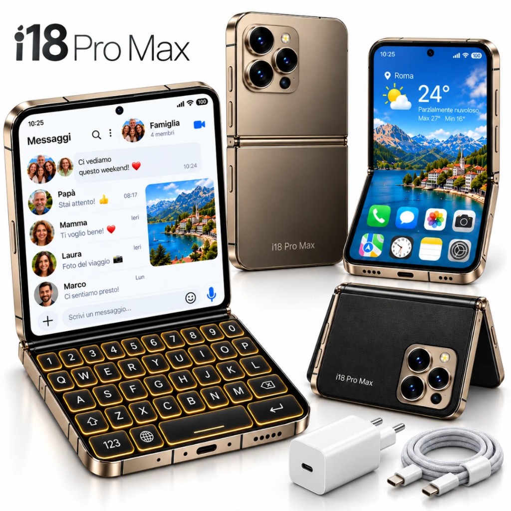 i18 Pro Max™ skladací — sada: telefón, kábel a nabíjačka
