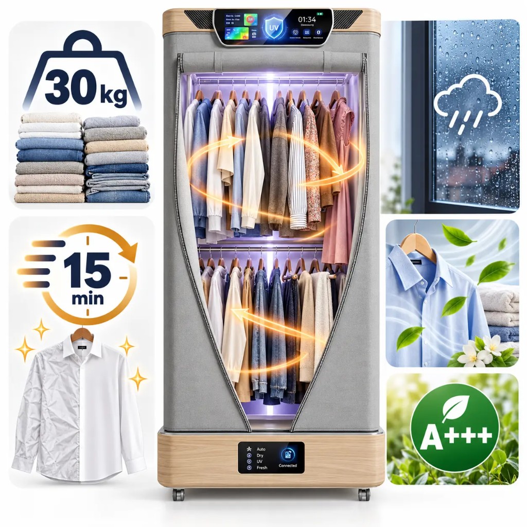 ThermoDry trocknet bis zu 30 kg Wäsche in 15 Minuten, auch bei Regen, Klasse A+++