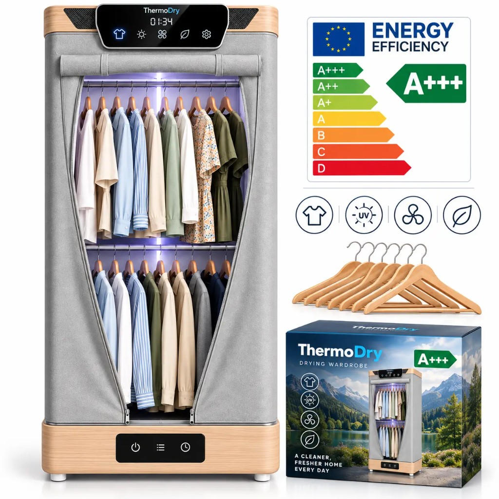 Komplettes ThermoDry-Set: Gerät, Bügel, Verpackung und Garantie